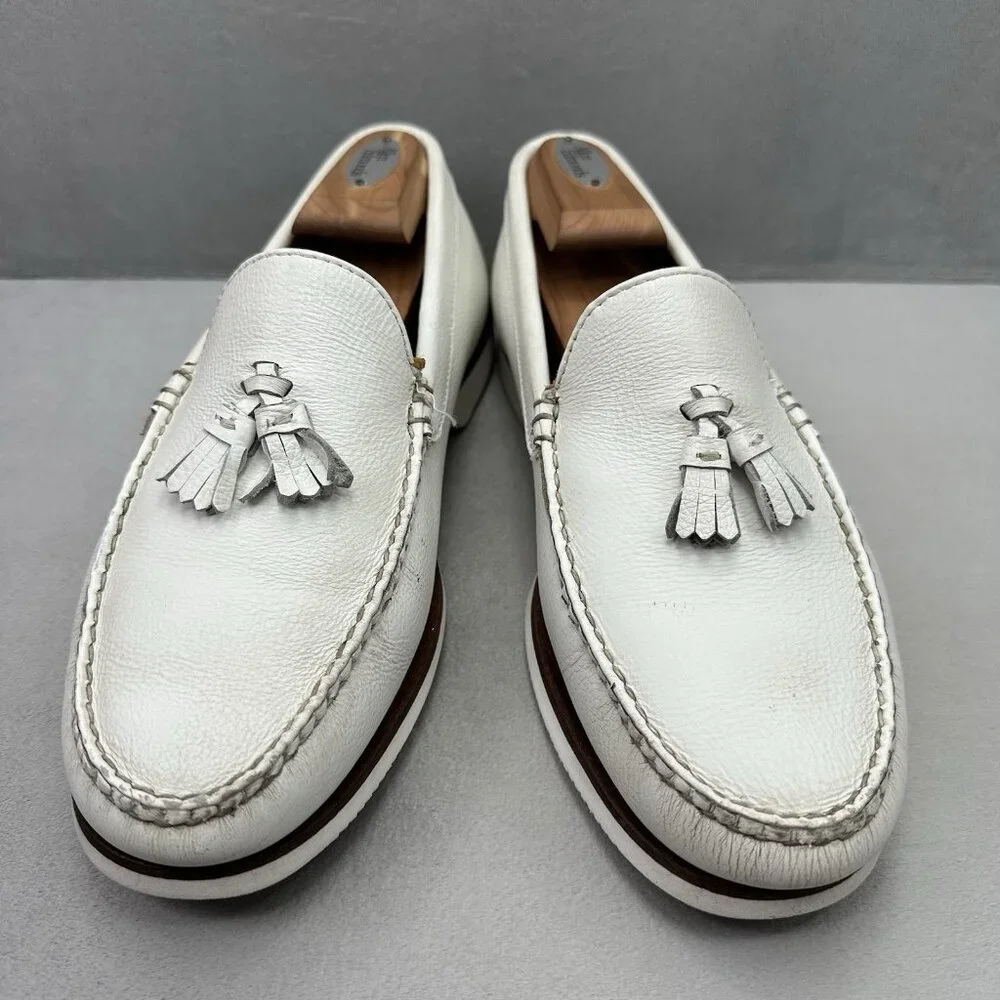 Maus & Hoffman 3196 Mens 9 (W) Tasseled White Leather Loafers Slip On Boat Shoes